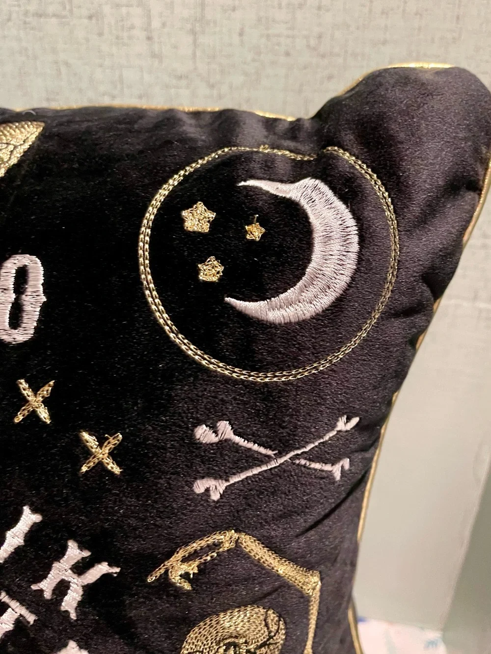 Ouija Planchette Embroidered Velvet Pillow - Black and Gold with Skeletons